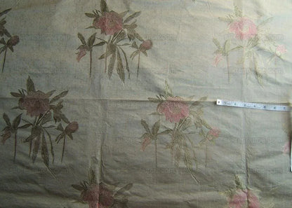 Stunning 100% Silk Lampas Pink Peony In Gold Drizzle Rain