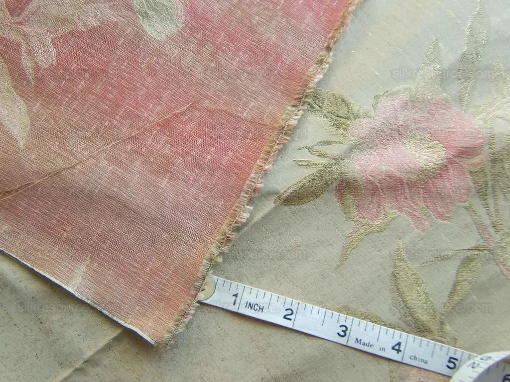 Stunning 100% Silk Lampas Pink Peony In Gold Drizzle Rain