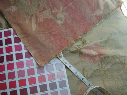 Stunning 100% Silk Lampas Pink Peony In Gold Drizzle Rain