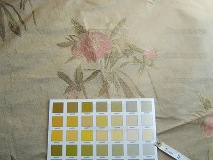 Stunning 100% Silk Lampas Pink Peony In Gold Drizzle Rain