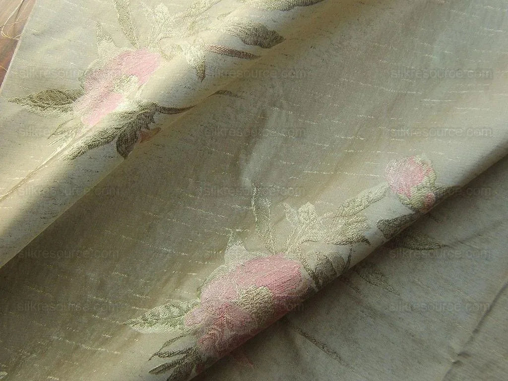 Stunning 100% Silk Lampas Pink Peony In Gold Drizzle Rain