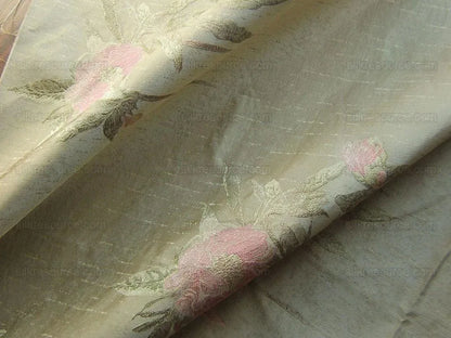 Stunning 100% Silk Lampas Pink Peony In Gold Drizzle Rain