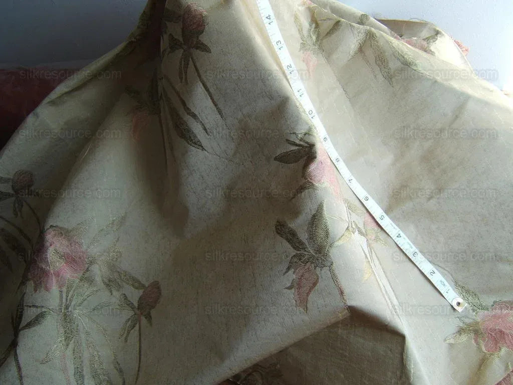 Stunning 100% Silk Lampas Pink Peony In Gold Drizzle Rain