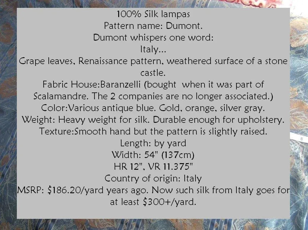 By Yd Scalamandre Baranzeli Italian 100%silk Lampas Dumont Blue Gold Fall Foliage Vine Superb! #4r