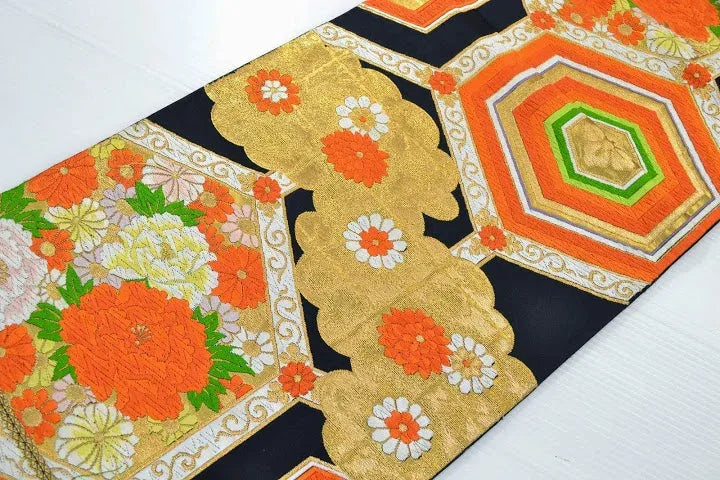Vintage Silk Fukuro Obi Belt  Chrysanthemum Tree Peony  4.15m x 31cm
