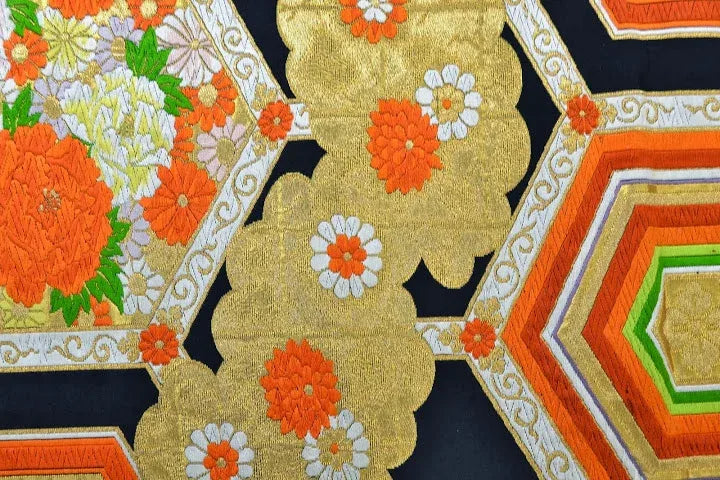 Vintage Silk Fukuro Obi Belt  Chrysanthemum Tree Peony  4.15m x 31cm