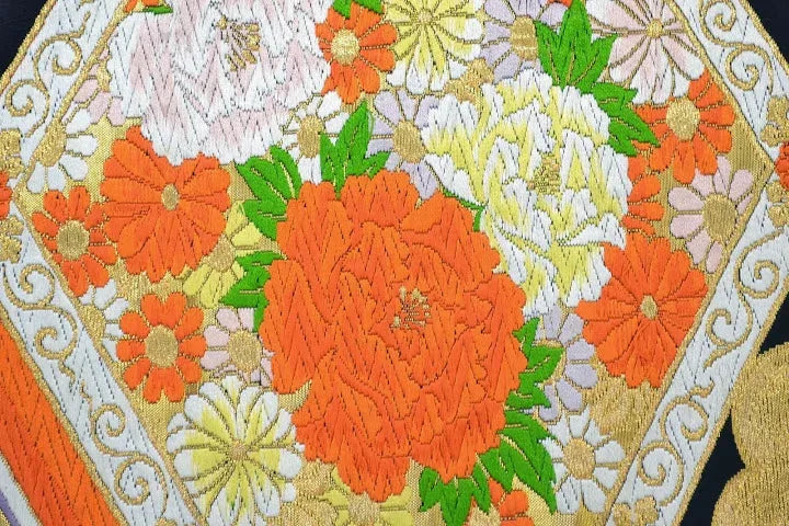 Vintage Silk Fukuro Obi Belt  Chrysanthemum Tree Peony  4.15m x 31cm