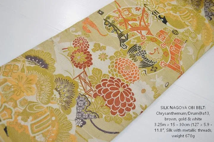 Vintage Silk Nagoya Obi Belt Chrysanthemum Drum 3.25m x 15 - 30cm