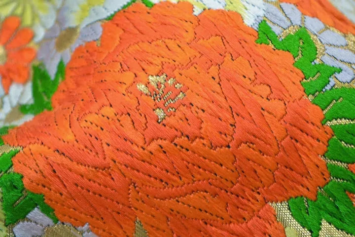 Vintage Silk Fukuro Obi Belt  Chrysanthemum Tree Peony  4.15m x 31cm