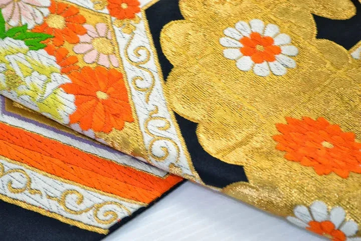 Vintage Silk Fukuro Obi Belt  Chrysanthemum Tree Peony  4.15m x 31cm