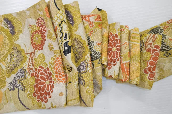 Vintage Silk Nagoya Obi Belt Chrysanthemum Drum 3.25m x 15 - 30cm