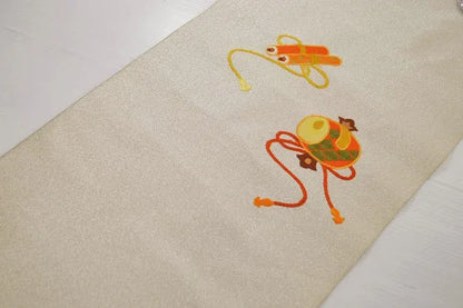Silk Nagoya Obi Embroidered Fortune Gavel Paper Scroll 118x12.9inch 3mx33cm