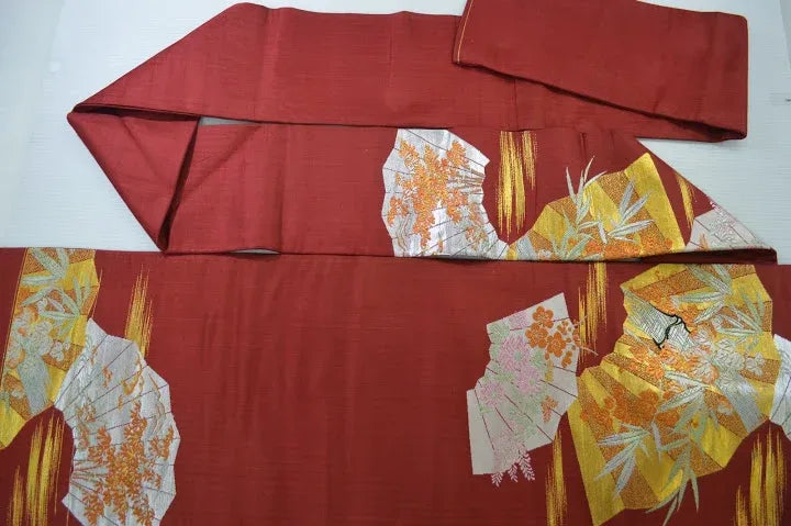 Vintage Silk Nagoya Obi Belt Red Folding Fan/Plum Blossom 3.3m x 15 - 30cm