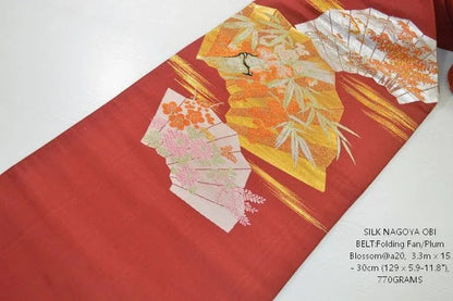 Vintage Silk Nagoya Obi Belt Red Folding Fan/Plum Blossom 3.3m x 15 - 30cm