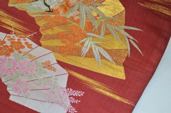 Vintage Silk Nagoya Obi Belt Red Folding Fan/Plum Blossom 3.3m x 15 - 30cm