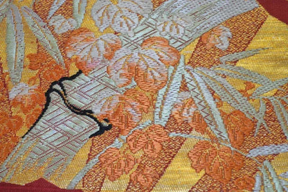 Vintage Silk Nagoya Obi Belt Red Folding Fan/Plum Blossom 3.3m x 15 - 30cm