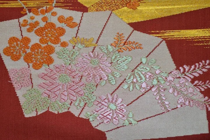 Vintage Silk Nagoya Obi Belt Red Folding Fan/Plum Blossom 3.3m x 15 - 30cm