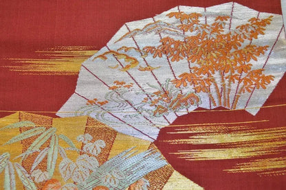 Vintage Silk Nagoya Obi Belt Red Folding Fan/Plum Blossom 3.3m x 15 - 30cm