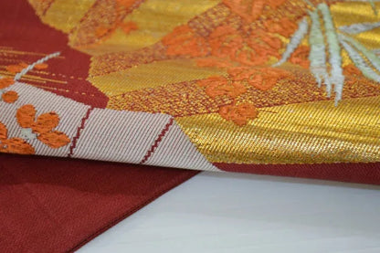 Vintage Silk Nagoya Obi Belt Red Folding Fan/Plum Blossom 3.3m x 15 - 30cm