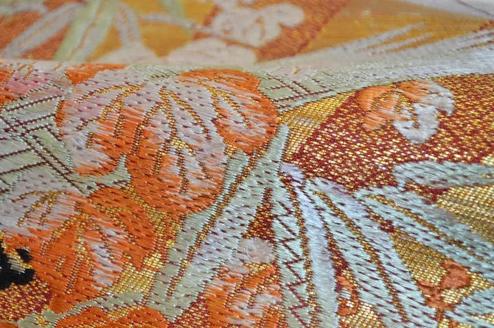 Vintage Silk Nagoya Obi Belt Red Folding Fan/Plum Blossom 3.3m x 15 - 30cm