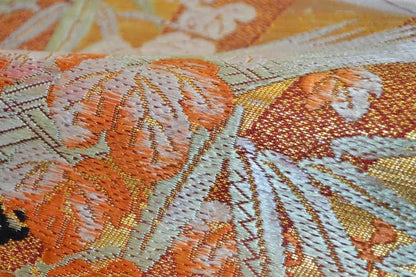 Vintage Silk Nagoya Obi Belt Red Folding Fan/Plum Blossom 3.3m x 15 - 30cm