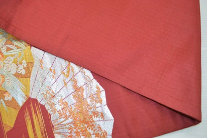 Vintage Silk Nagoya Obi Belt Red Folding Fan/Plum Blossom 3.3m x 15 - 30cm