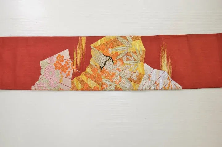 Vintage Silk Nagoya Obi Belt Red Folding Fan/Plum Blossom 3.3m x 15 - 30cm