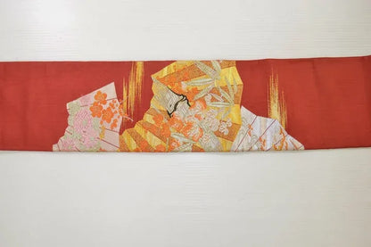 Vintage Silk Nagoya Obi Belt Red Folding Fan/Plum Blossom 3.3m x 15 - 30cm