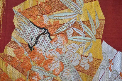 Vintage Silk Nagoya Obi Belt Red Folding Fan/Plum Blossom 3.3m x 15 - 30cm
