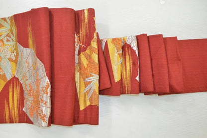 Vintage Silk Nagoya Obi Belt Red Folding Fan/Plum Blossom 3.3m x 15 - 30cm