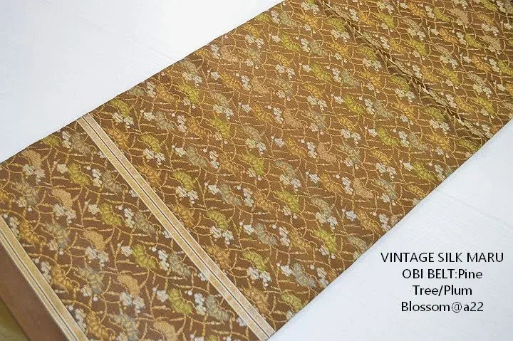 Vintage Silk Maru Obi Pine Tree Plum Blossom Brown