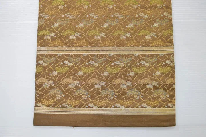 Vintage Silk Maru Obi Pine Tree Plum Blossom Brown