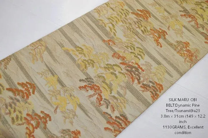Vintage Silk Maru Obi Belt Dynamic Pine Tree Tsunami  3.8m x 31cm