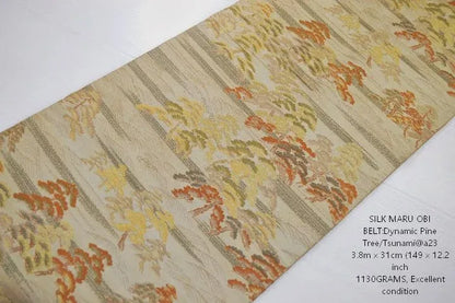 Vintage Silk Maru Obi Belt Dynamic Pine Tree Tsunami  3.8m x 31cm