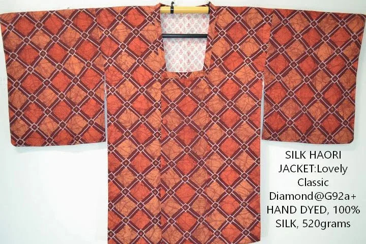 High Quality Japanese Silk Haori Jacket Hand Dyed Classic Diamond red orange