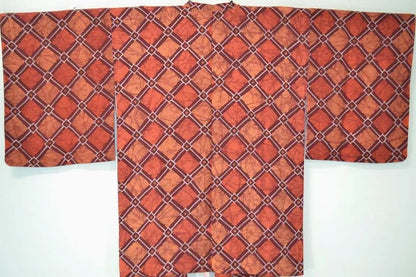 High Quality Japanese Silk Haori Jacket Hand Dyed Classic Diamond red orange