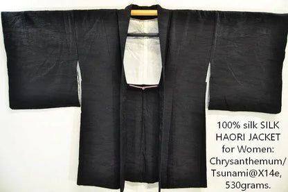 High Quality Japanese 100% Silk Haori Jacket Hand-Made Chrysanthemum Tsunami Black