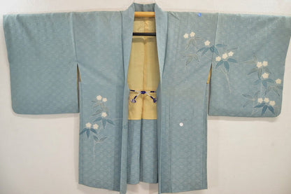 Vintage 100% Silk Haori Jacket Kimono Shibori Kikkyou Flower Pale Blue White @X25e