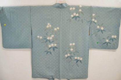 Vintage 100% Silk Haori Jacket Kimono Shibori Kikkyou Flower Pale Blue White @X25e