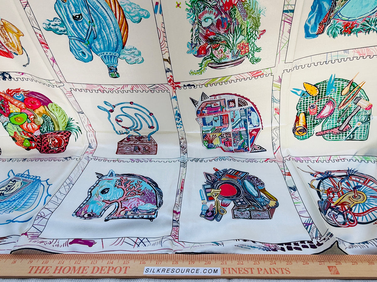 Art Scarf Equestrian Horse and Hobby Horse Biking Cooking Hot-air Balloon Head Modern Collage Salvador Dalí High End Silk Twill Scarf Double Sided