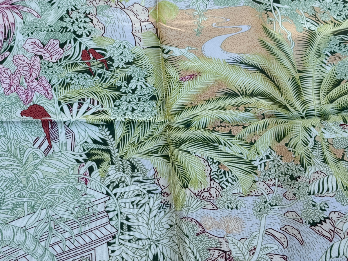 Art Scarf Leopard River Resort Tropical Jungle Waterfall Mint Green Fuschia Pink High End Silk Twill Scarf Double Sided