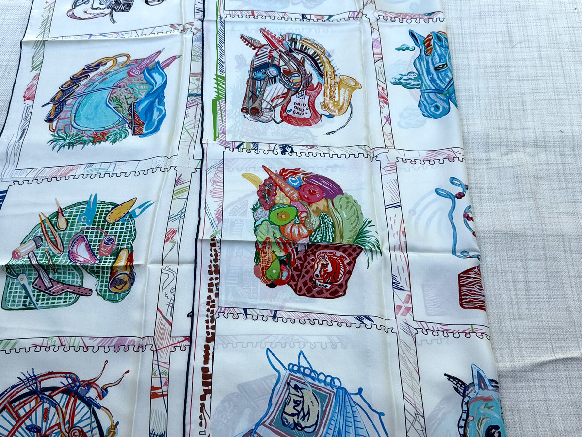 Art Scarf Equestrian Horse and Hobby Horse Biking Cooking Hot-air Balloon Head Modern Collage Salvador Dalí High End Silk Twill Scarf Double Sided