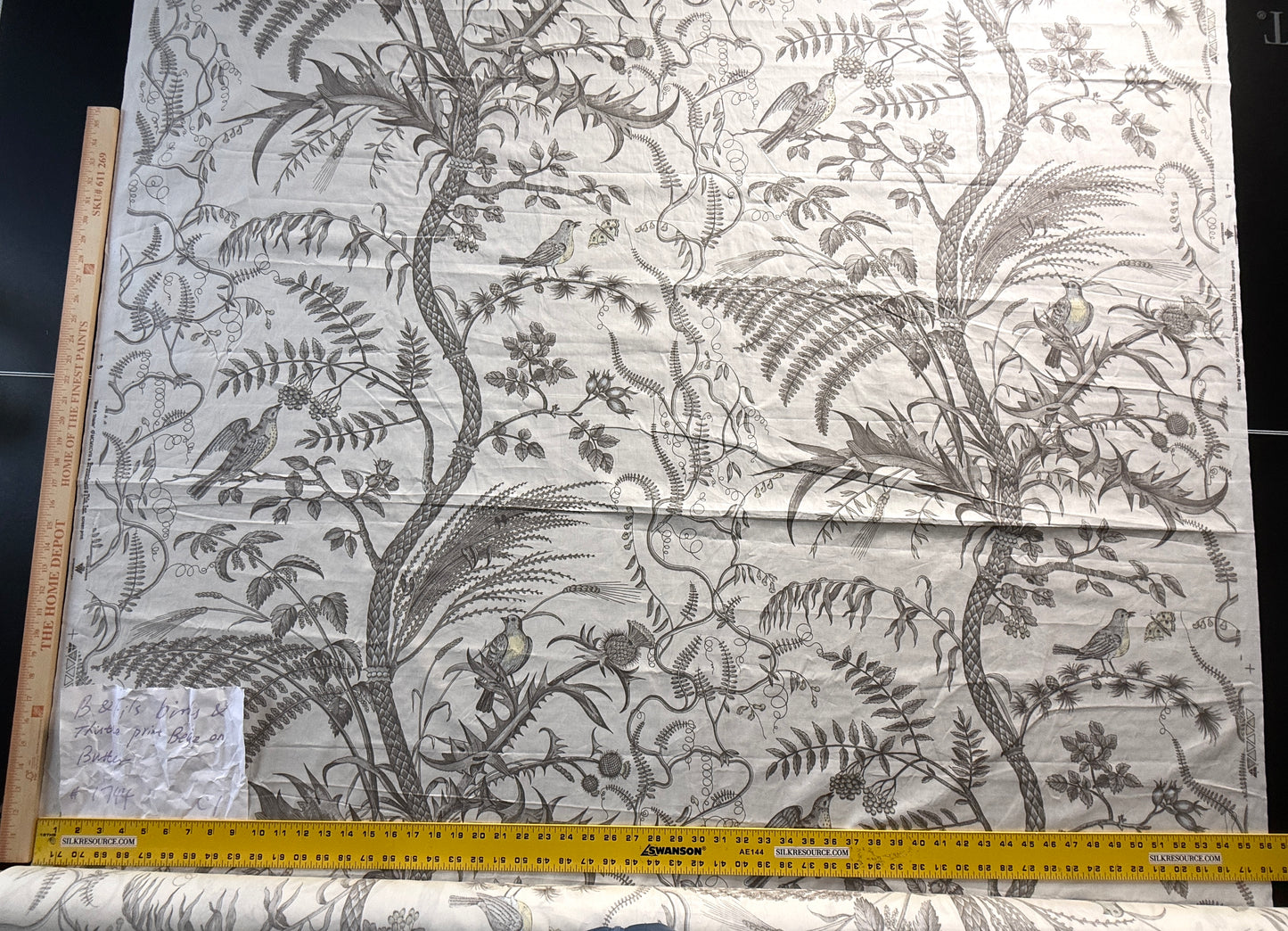 Brunschwig & Fils Bird and Thistle Print Grey on Pale cream -By The Yard - MSRP USD 348/y