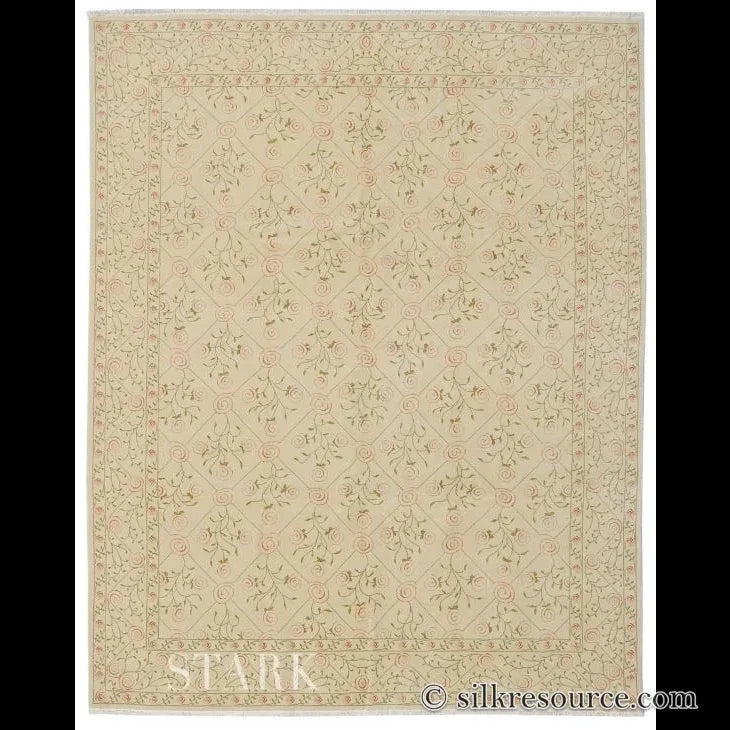 Stark EVERMAN TAN Silk Wool Hand Knotted Rug Delicate Climing Rose Flower Pink Red 11'11"X9' MSRP USD 11,000
