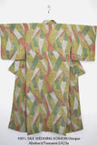 100% Silk Wedding Kimono Unique Abstract Tsunami Wave Green Eathy Red