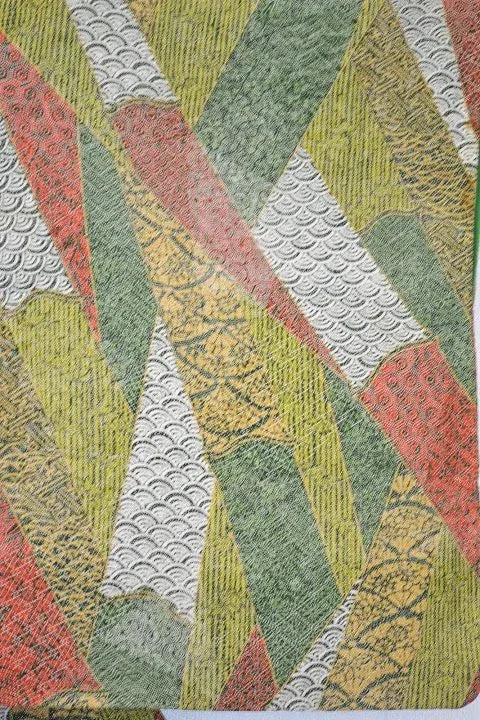 100% Silk Wedding Kimono Unique Abstract Tsunami Wave Green Eathy Red