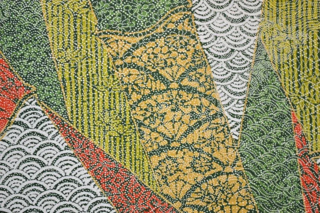 100% Silk Wedding Kimono Unique Abstract Tsunami Wave Green Eathy Red