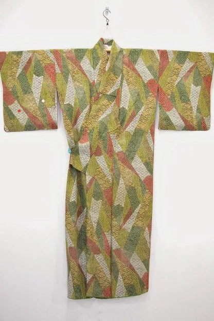 100% Silk Wedding Kimono Unique Abstract Tsunami Wave Green Eathy Red