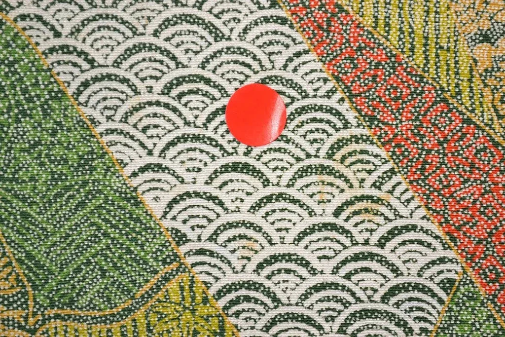 100% Silk Wedding Kimono Unique Abstract Tsunami Wave Green Eathy Red