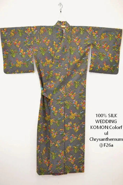 Hand Dyed Japanese Silk Wedding Komon Colourful Chrysanthemum